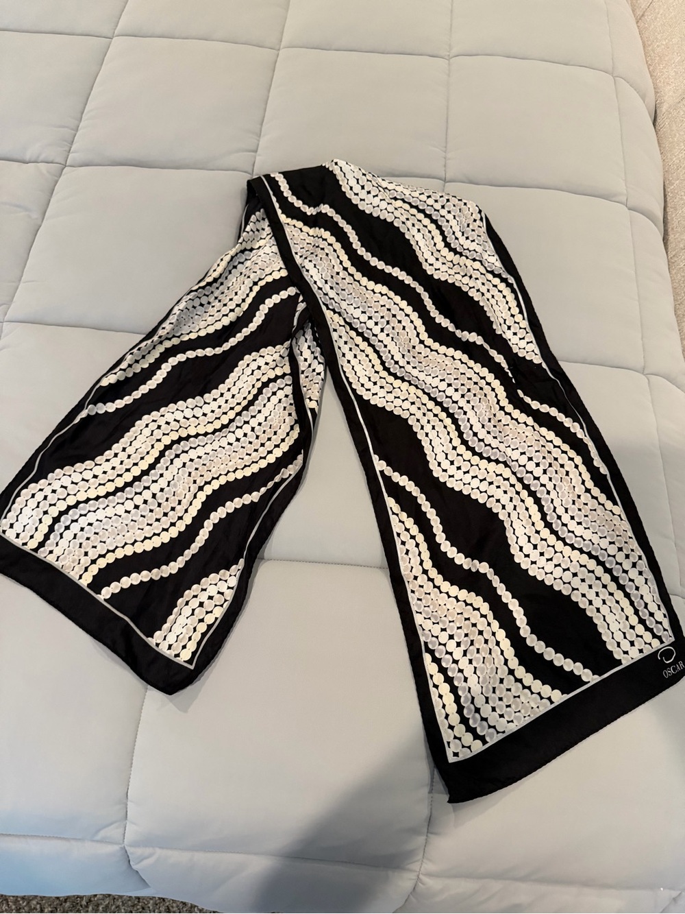 Vintage Oscar de la Renta black and white wavy pattern scarf with white circular